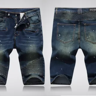 Balmain Distressed Indigo Paint-Splatter Denim Shorts