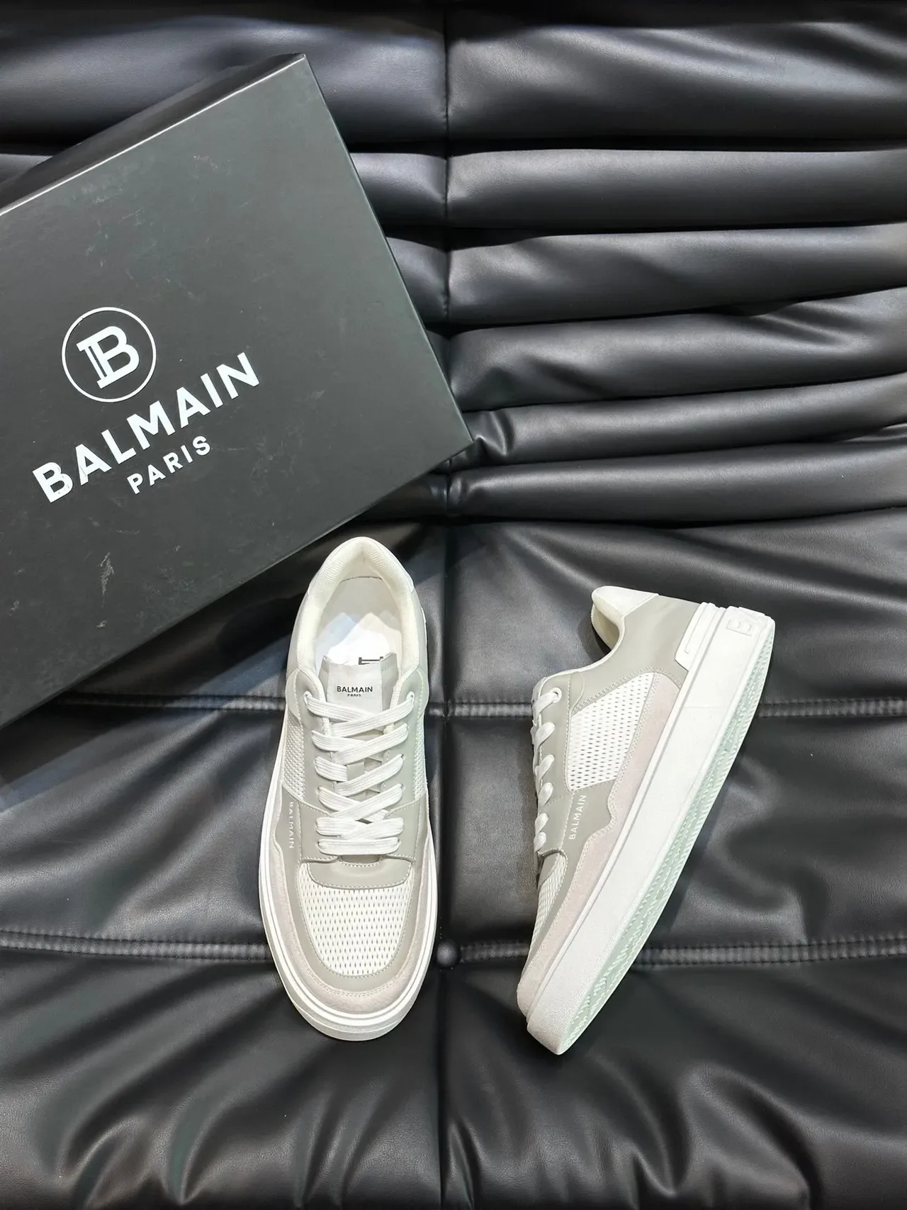 Balmain Gris Blanc Stratifié Cuir Et Maille Supérieure Semelle Plateforme Sculptée Sneakers Lifestyle 3