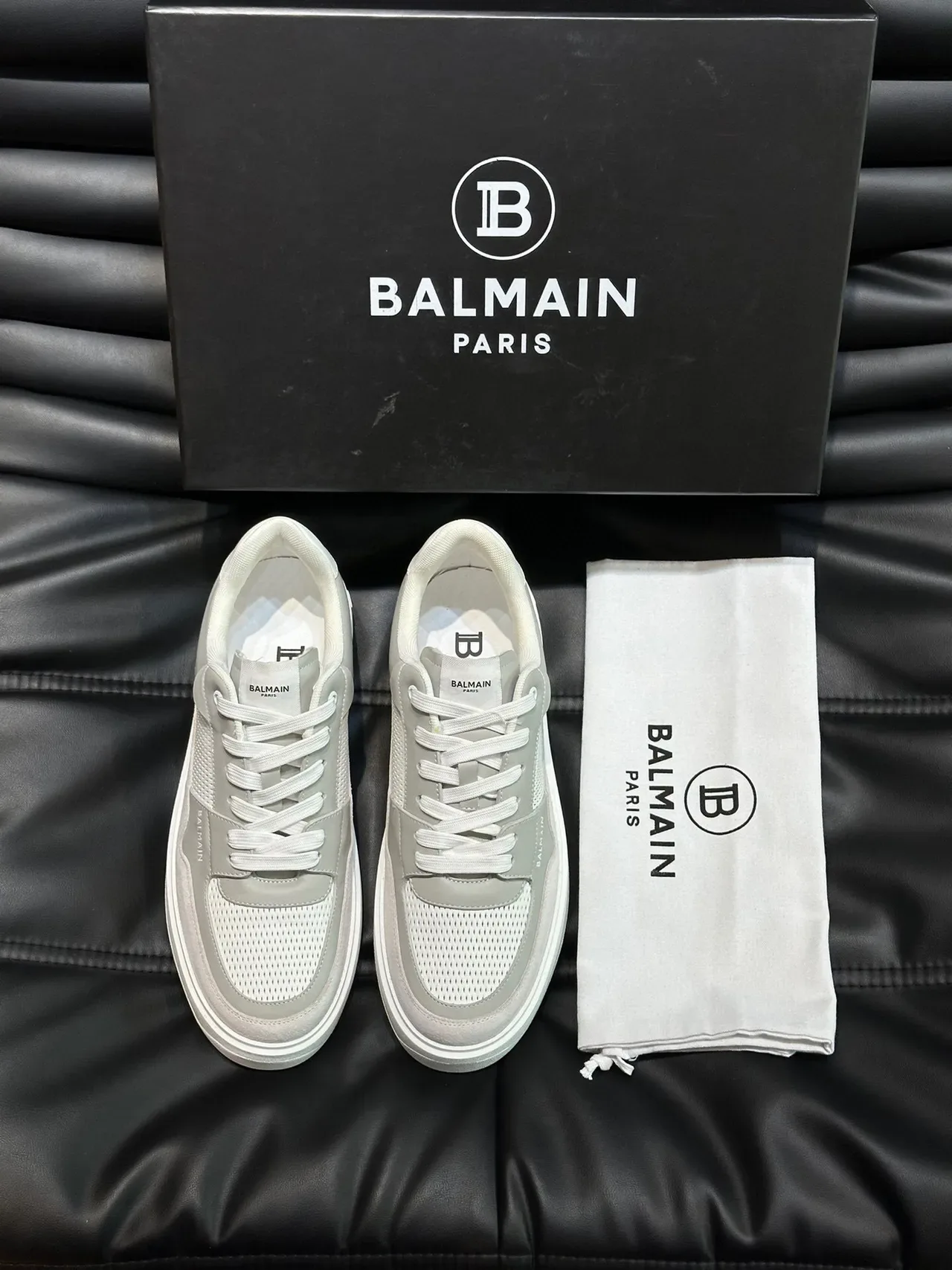 Balmain Gris Blanc Stratifié Cuir Et Maille Supérieure Semelle Plateforme Sculptée Sneakers Lifestyle 4