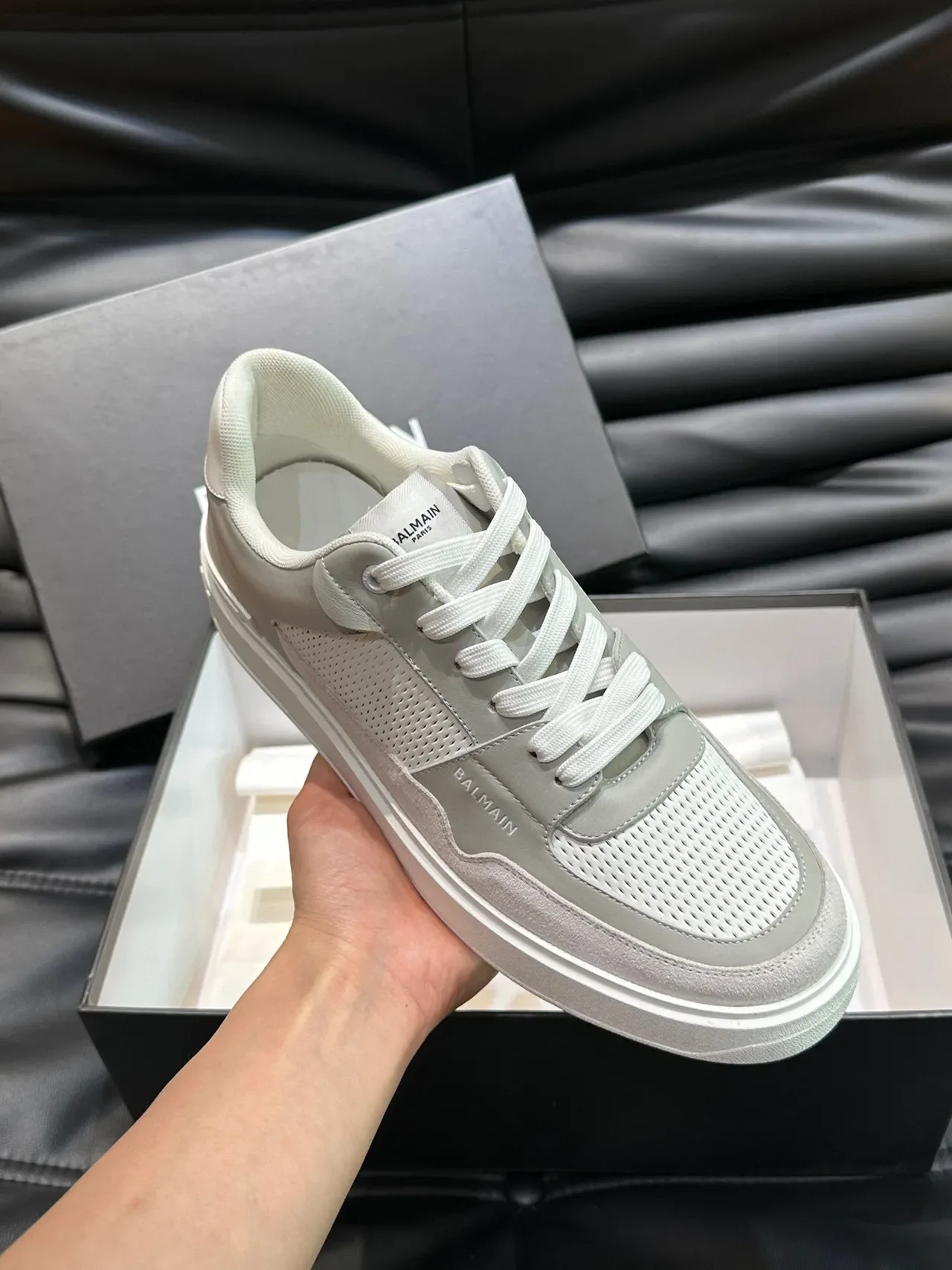Balmain Gris Blanc Stratifié Cuir Et Maille Supérieure Semelle Plateforme Sculptée Sneakers Lifestyle 5