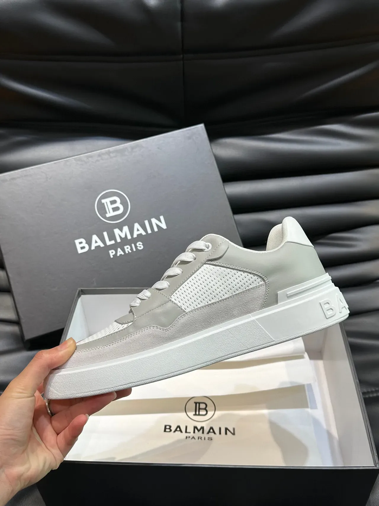 Balmain Gris Blanc Stratifié Cuir Et Maille Supérieure Semelle Plateforme Sculptée Sneakers Lifestyle 6