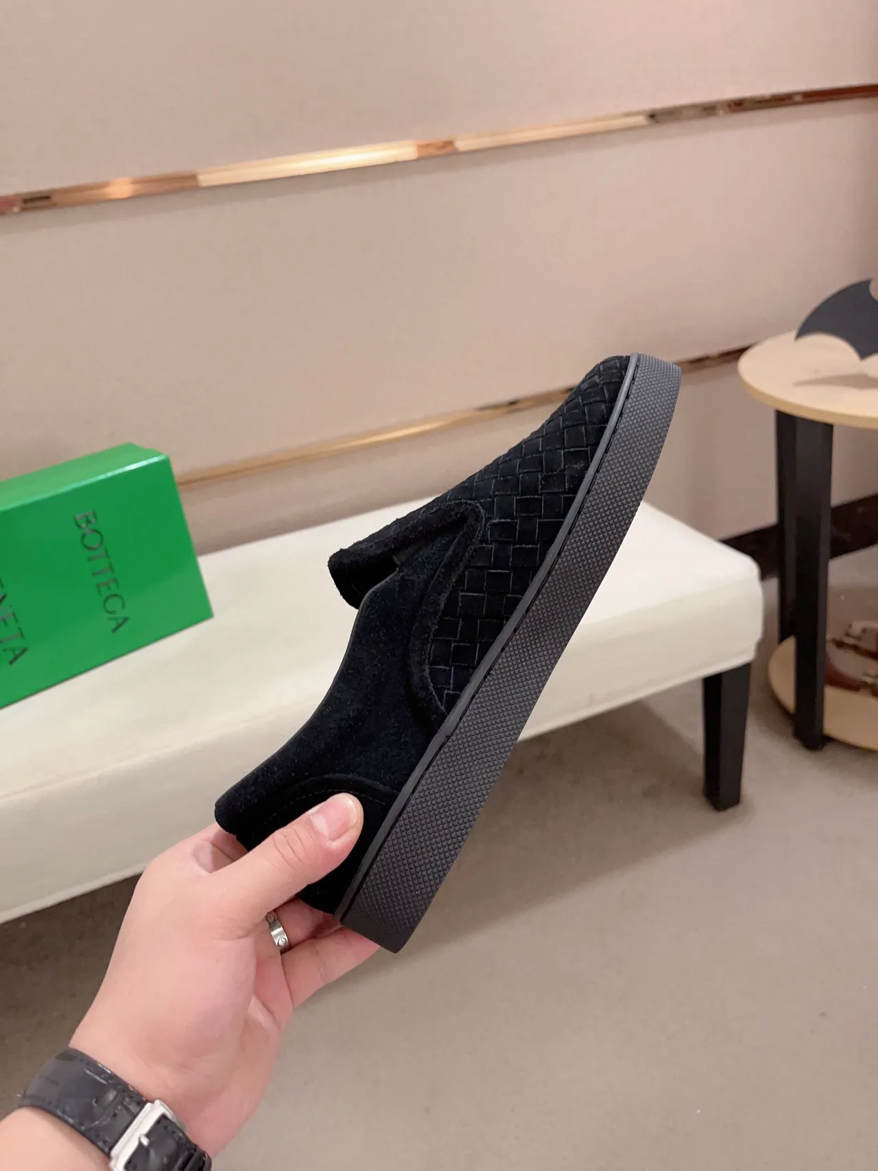 Bottega Veneta Cassette Loafer أسود منسوج سويد منزلق 5
