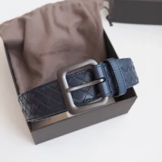 Bottega Veneta Intrecciato Navy Gray Woven Matte Brushed Metal Buckle Leather Belt