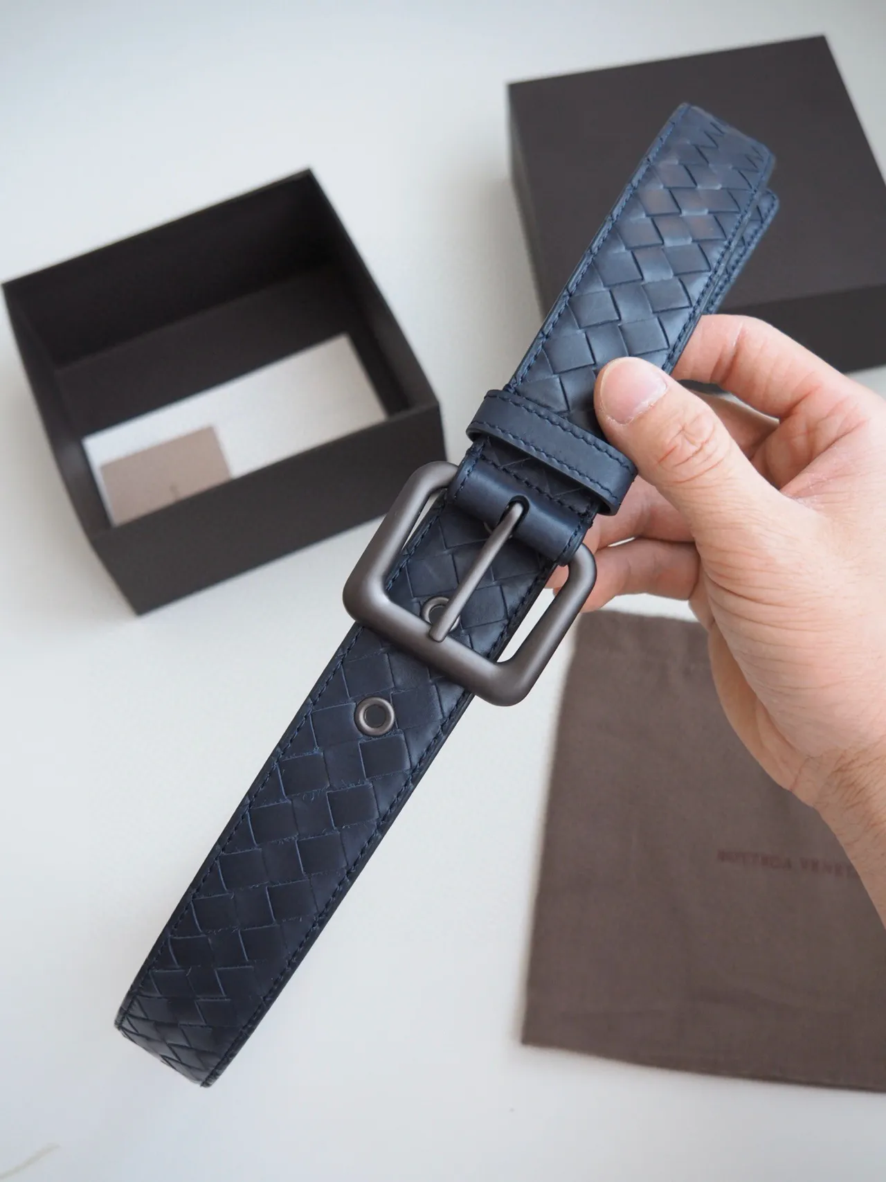 Bottega Veneta Intrecciato Navy Gray Woven Matte Brushed Metal Buckle Leather Belt 3
