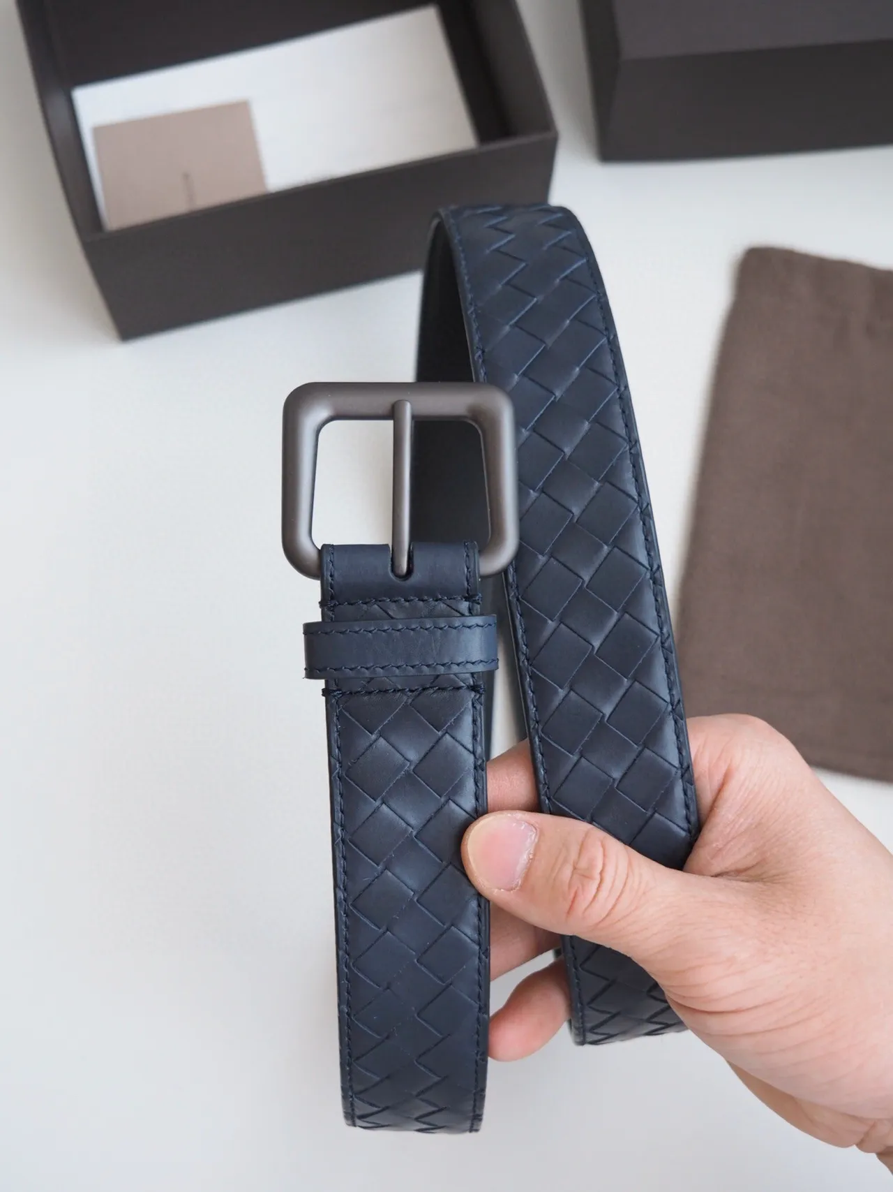 Bottega Veneta Intrecciato Navy Gray Woven Matte Brushed Metal Buckle Leather Belt 4
