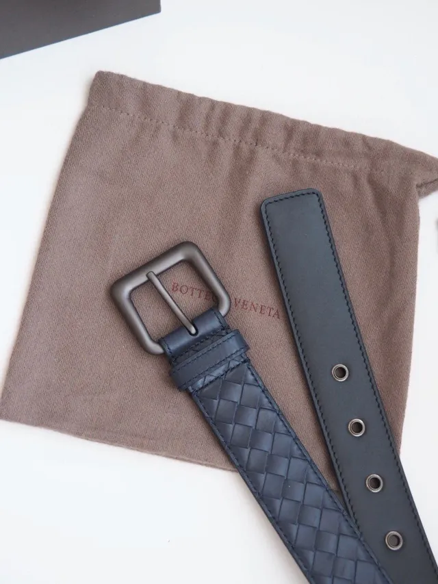 Bottega Veneta Intrecciato Navy Gray Woven Matte Brushed Metal Buckle Leather Belt 5