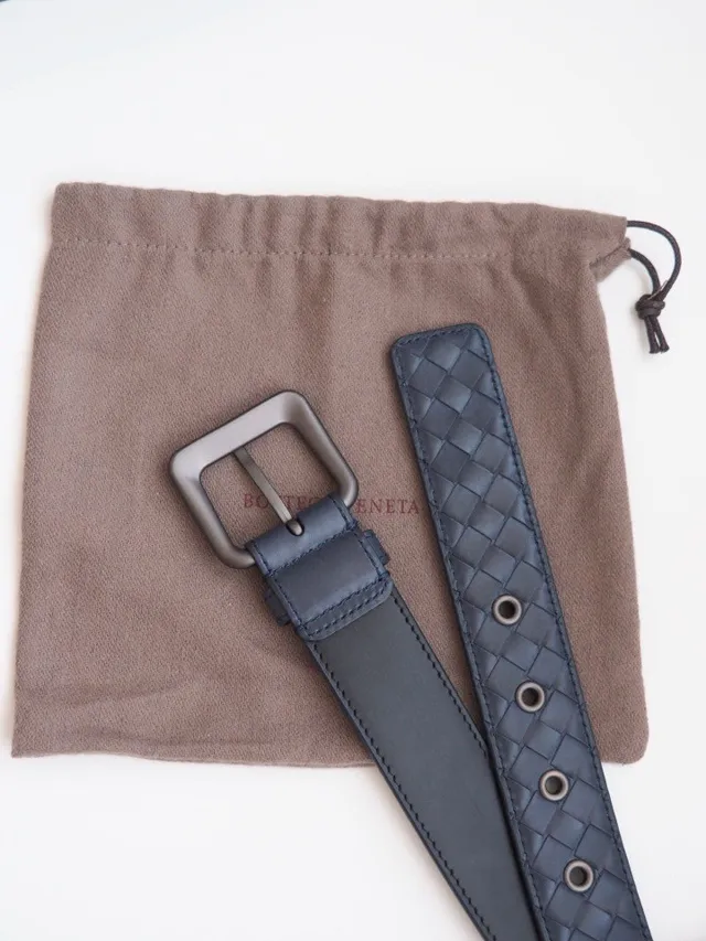 Bottega Veneta Intrecciato Navy Gray Woven Matte Brushed Metal Buckle Leather Belt 6