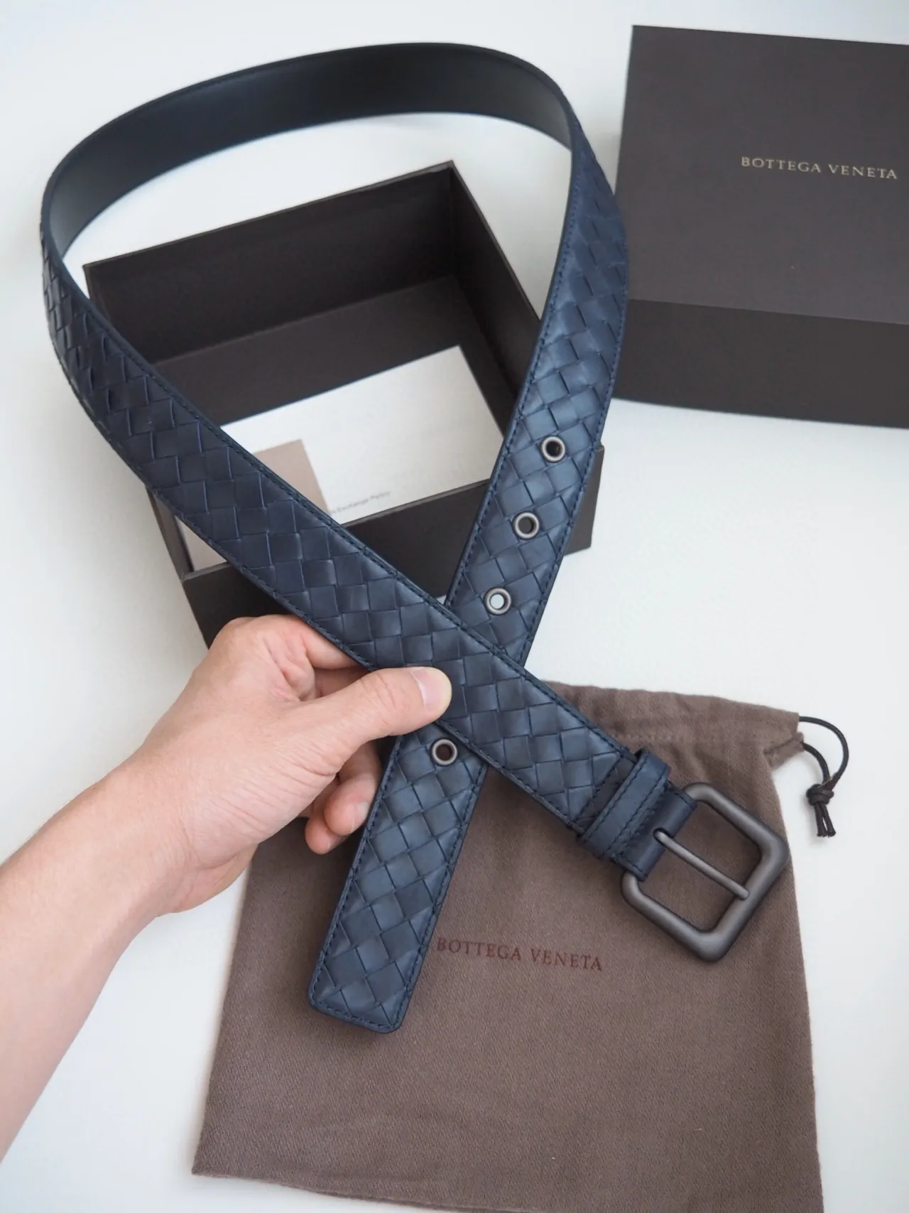 Bottega Veneta Intrecciato Navy Gray Woven Matte Brushed Metal Buckle Leather Belt 7