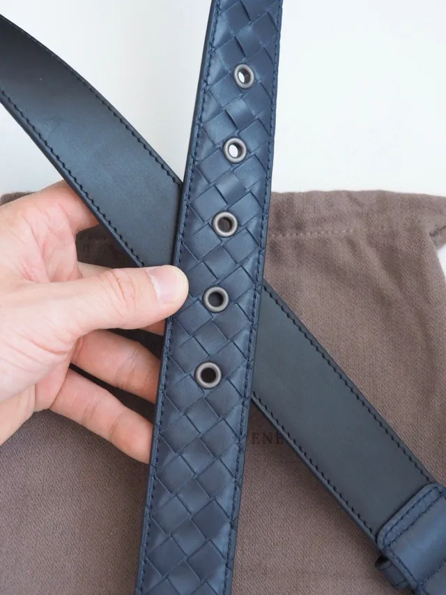 Bottega Veneta Intrecciato Navy Gray Woven Matte Brushed Metal Buckle Leather Belt 8