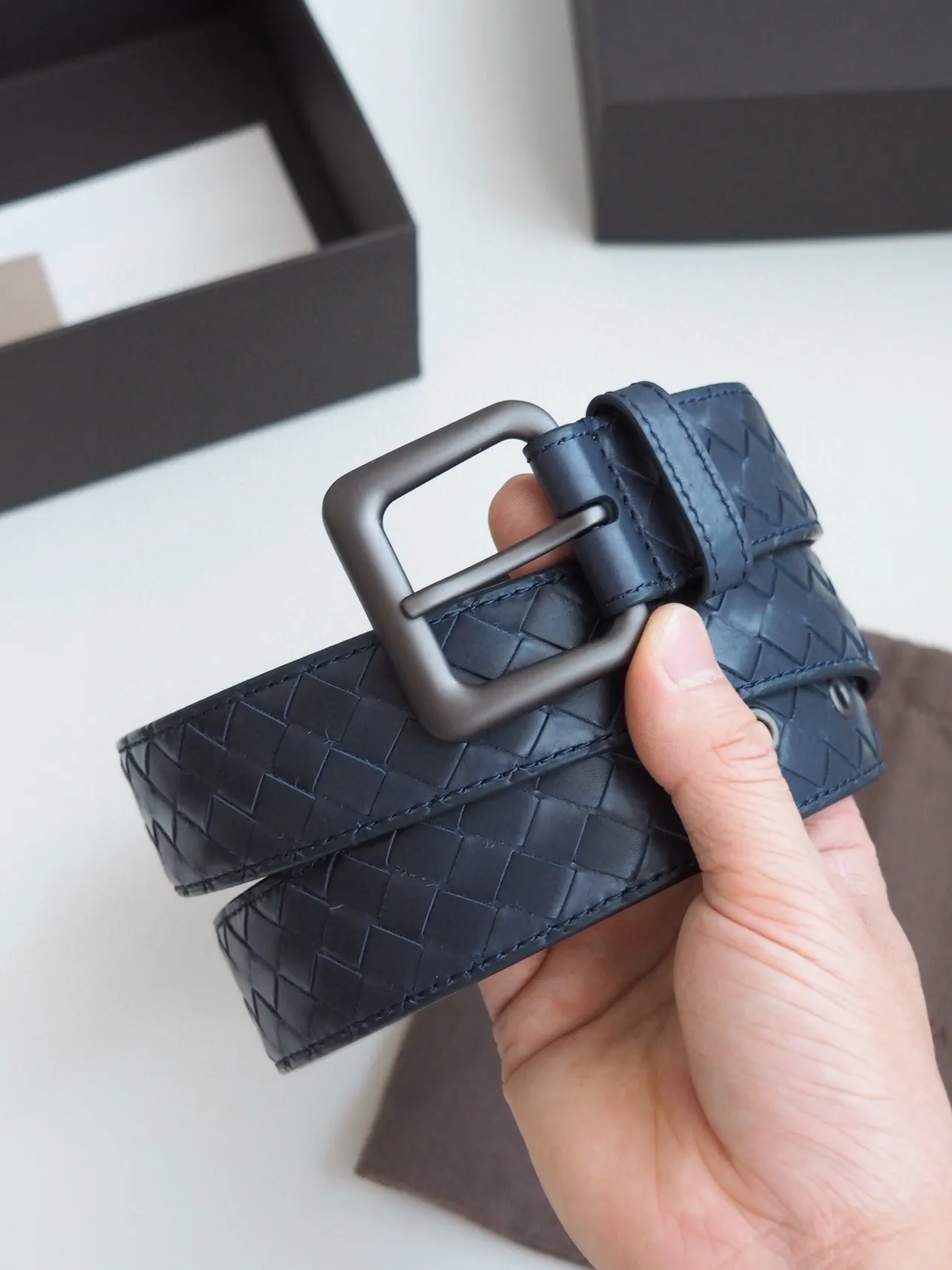 Bottega Veneta Intrecciato Navy Gray Woven Matte Brushed Metal Buckle Leather Belt 9