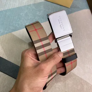 Burberry Beige Brown House Check Polished Rectangular Buckle Canvas Belt