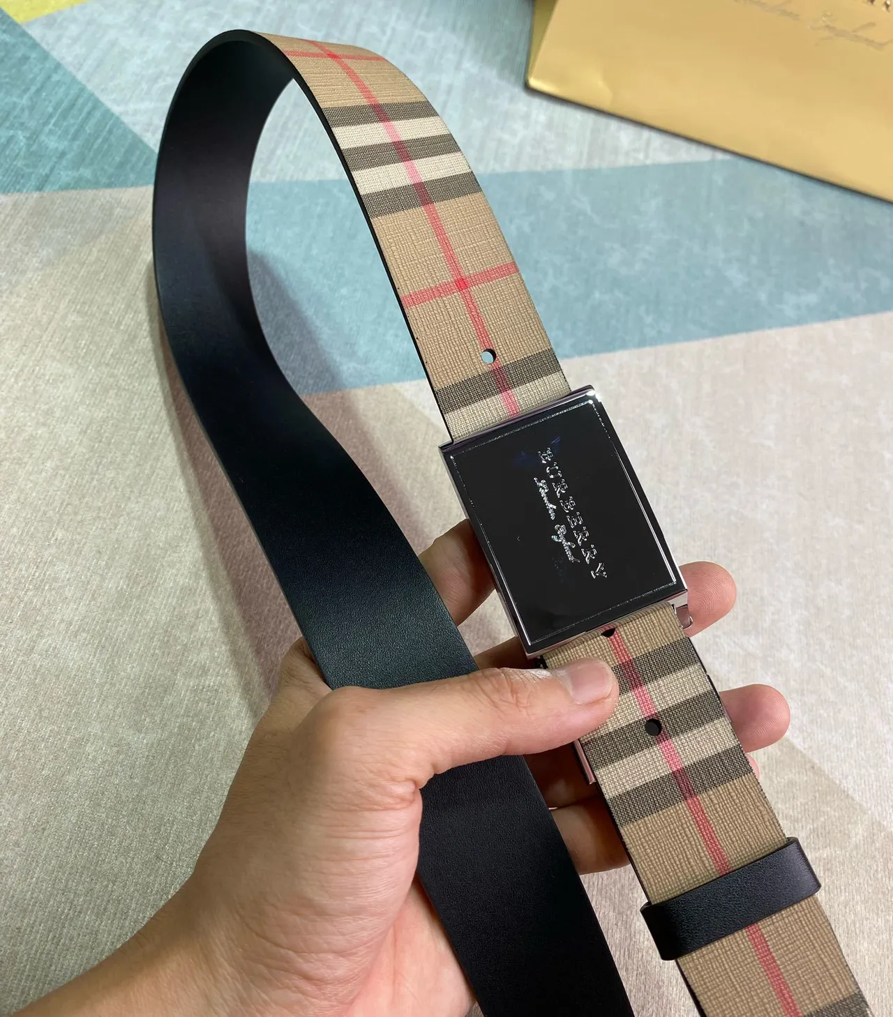 Burberry Beige Brown House Check Polished Rectangular Buckle Canvas Belt 2