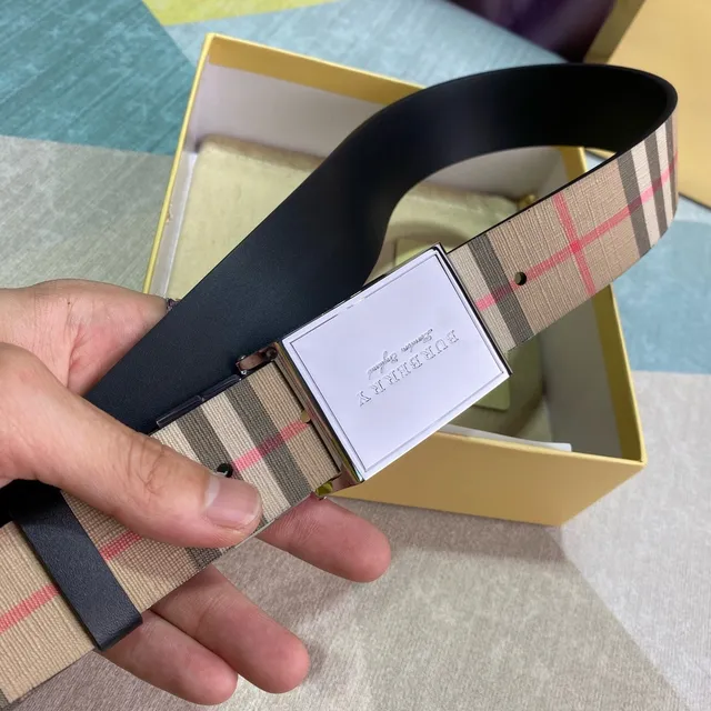 Burberry Beige Brown House Check Polished Rectangular Buckle Canvas Belt 3