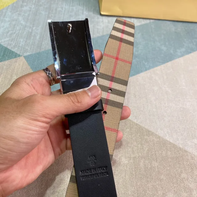 Burberry Beige Brown House Check Polished Rectangular Buckle Canvas Belt 5