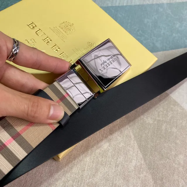 Burberry Beige Brown House Check Polished Rectangular Buckle Canvas Belt 6