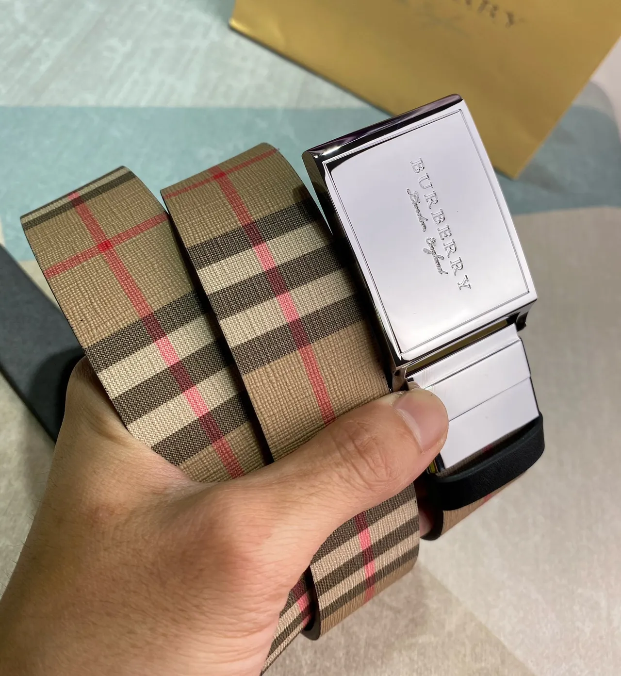 Burberry Beige Brown House Check Polished Rectangular Buckle Canvas Belt 7