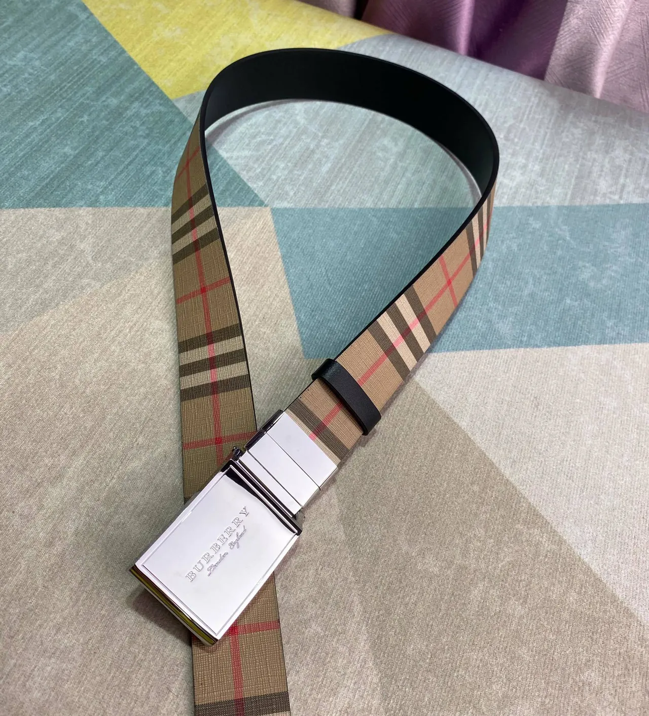 Burberry Beige Brown House Check Polished Rectangular Buckle Canvas Belt 8