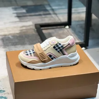 Burberry Beige Pink Sole Check Fabric Panels Chunky Sneakers