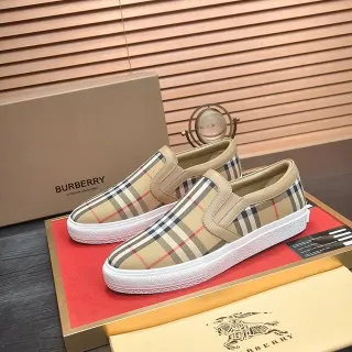 Burberry Beige White Slip-On Check-Pattern Canvas Upper Lifestyle Sneakers