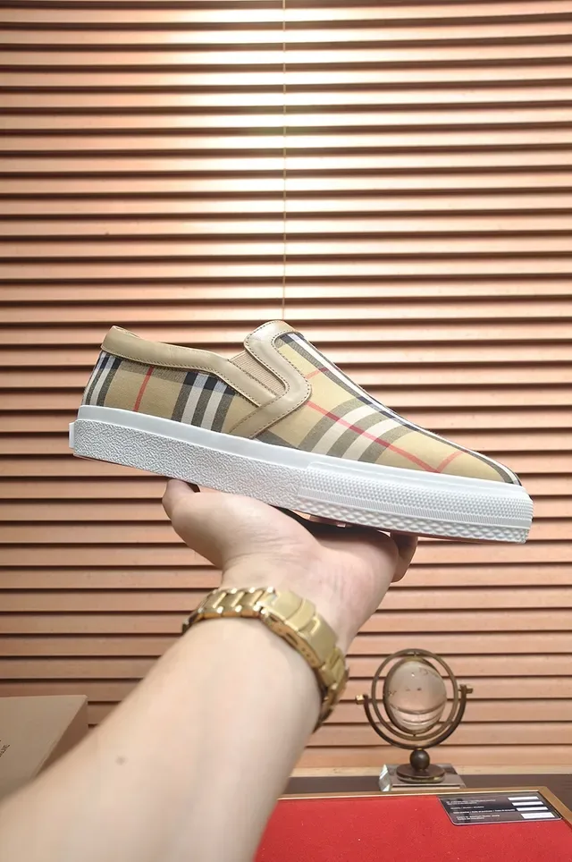 Burberry Beige White Slip-On Check-Pattern Canvas Upper Lifestyle Sneakers 4