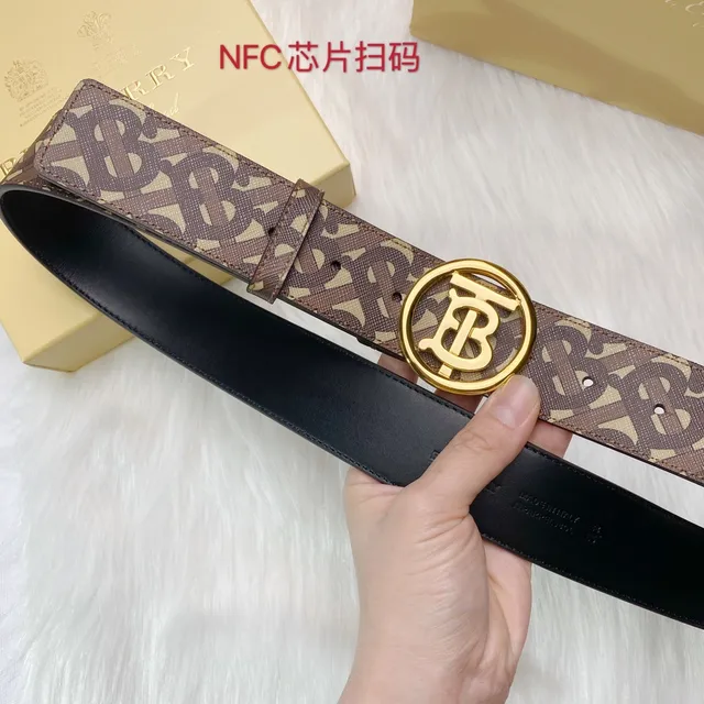 Burberry بني بيج Monogram-طباعة حزام دائري مشبك ذهبي TB جلدي 3