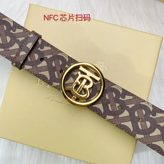 Burberry بني بيج Monogram-طباعة حزام دائري مشبك ذهبي TB جلدي 4