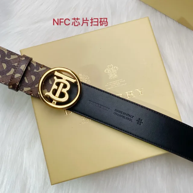 Burberry بني بيج Monogram-طباعة حزام دائري مشبك ذهبي TB جلدي 5