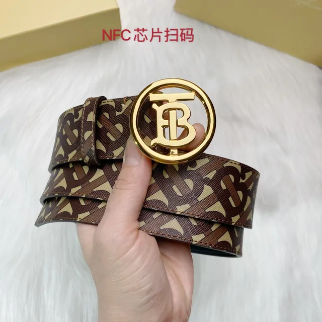 Burberry بني بيج Monogram-طباعة حزام دائري مشبك ذهبي TB جلدي 6