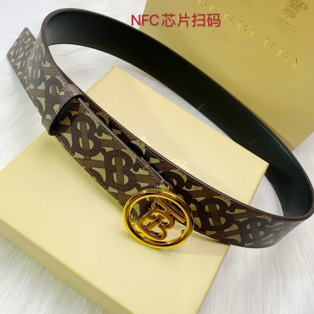 Burberry بني بيج Monogram-طباعة حزام دائري مشبك ذهبي TB جلدي 7