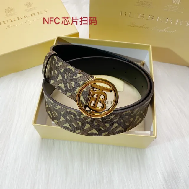 Burberry بني بيج Monogram-طباعة حزام دائري مشبك ذهبي TB جلدي 8