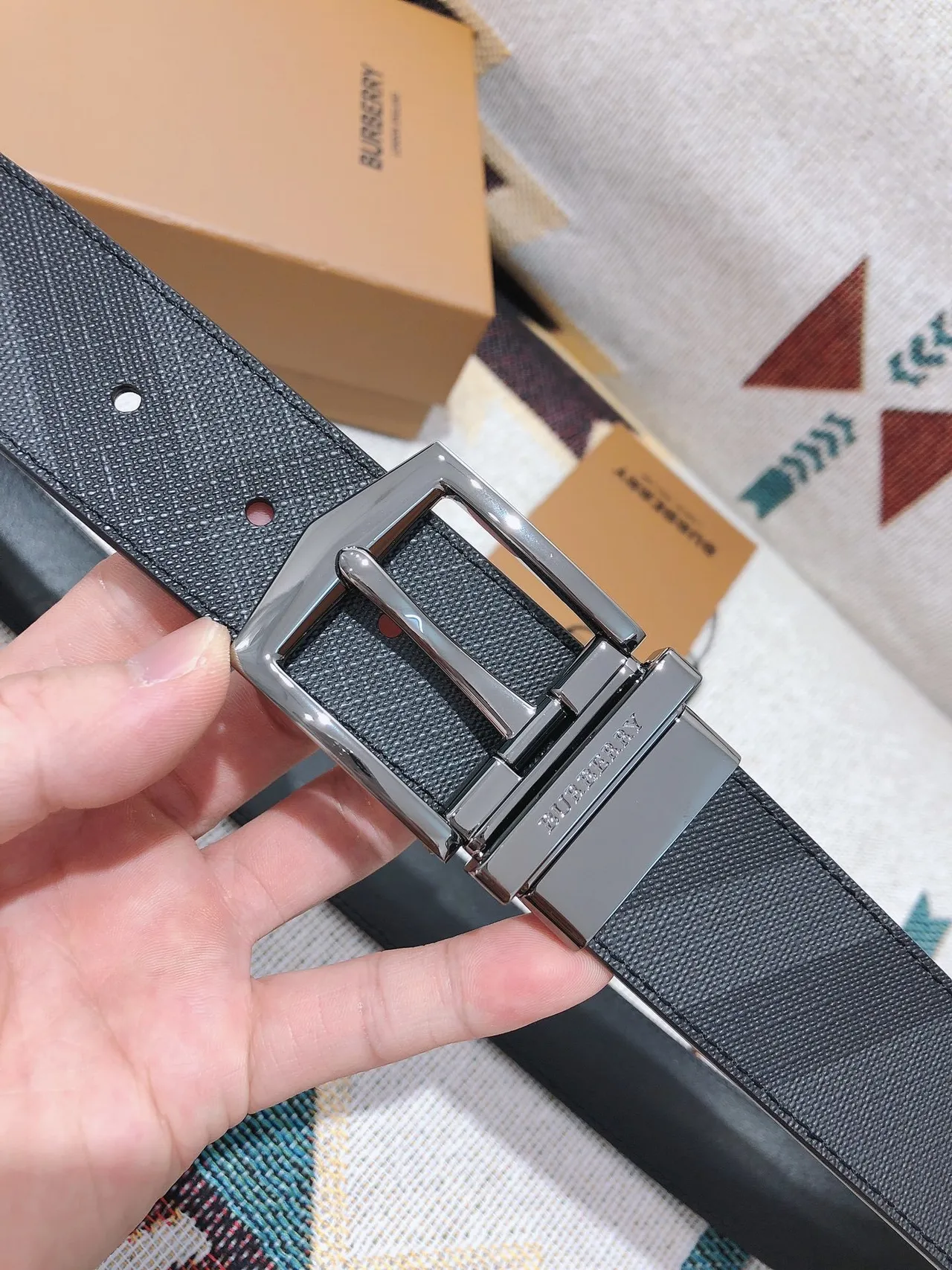 Burberry Knight Reversible Geometric Check Leather Belt 6