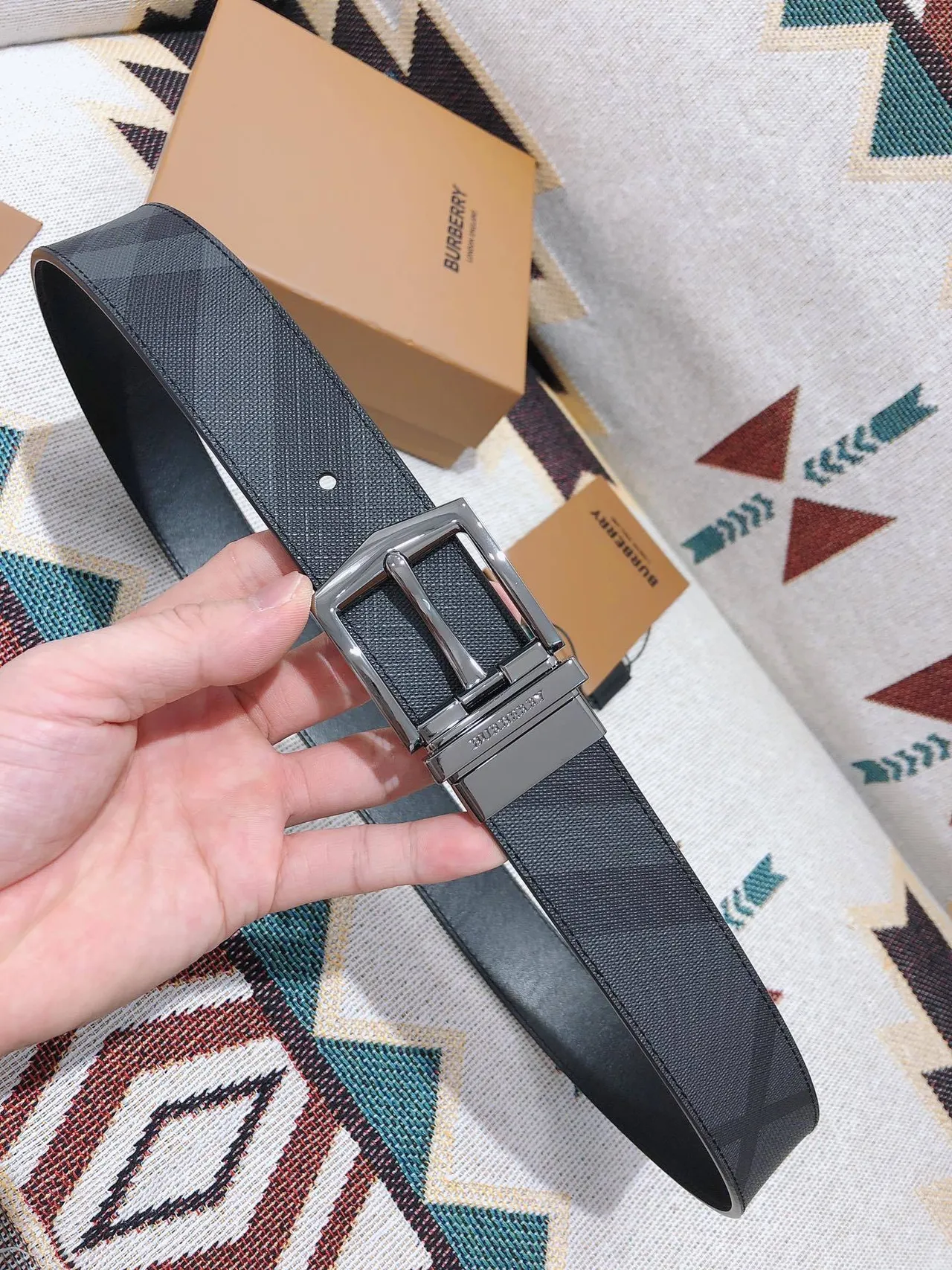 Burberry Knight Reversible Geometric Check Leather Belt 7