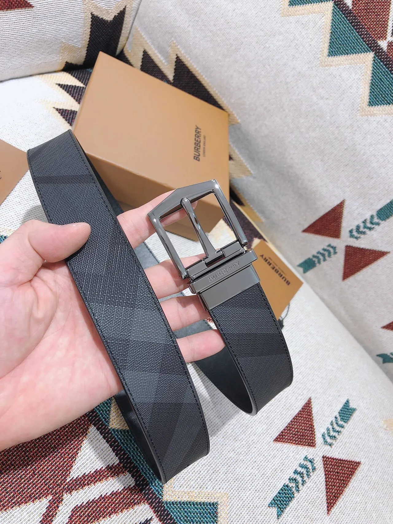 Burberry Knight Reversible Geometric Check Leather Belt 8