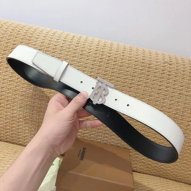 Burberry মোনোগ্রাম বেল্ট সাদা কালো বাকল মসৃণ চামড়ার বেল্ট 8