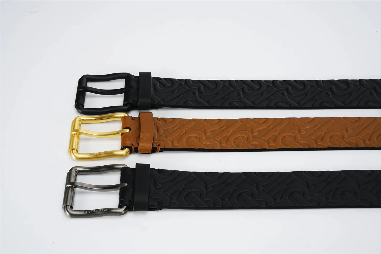 Burberry Monogram Embossed Tan and Black Leather Belt 2