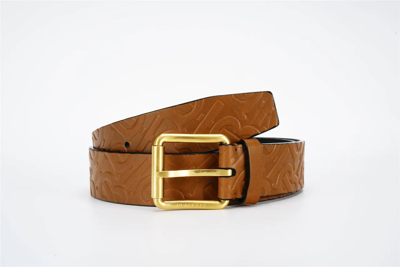 Burberry Monogram Embossed Tan and Black Leather Belt 4
