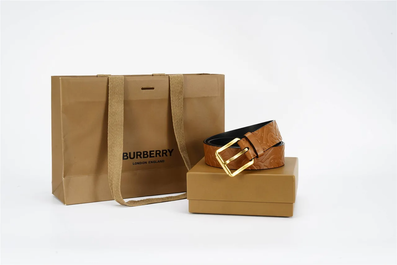 Burberry Monogram Embossed Tan and Black Leather Belt 5