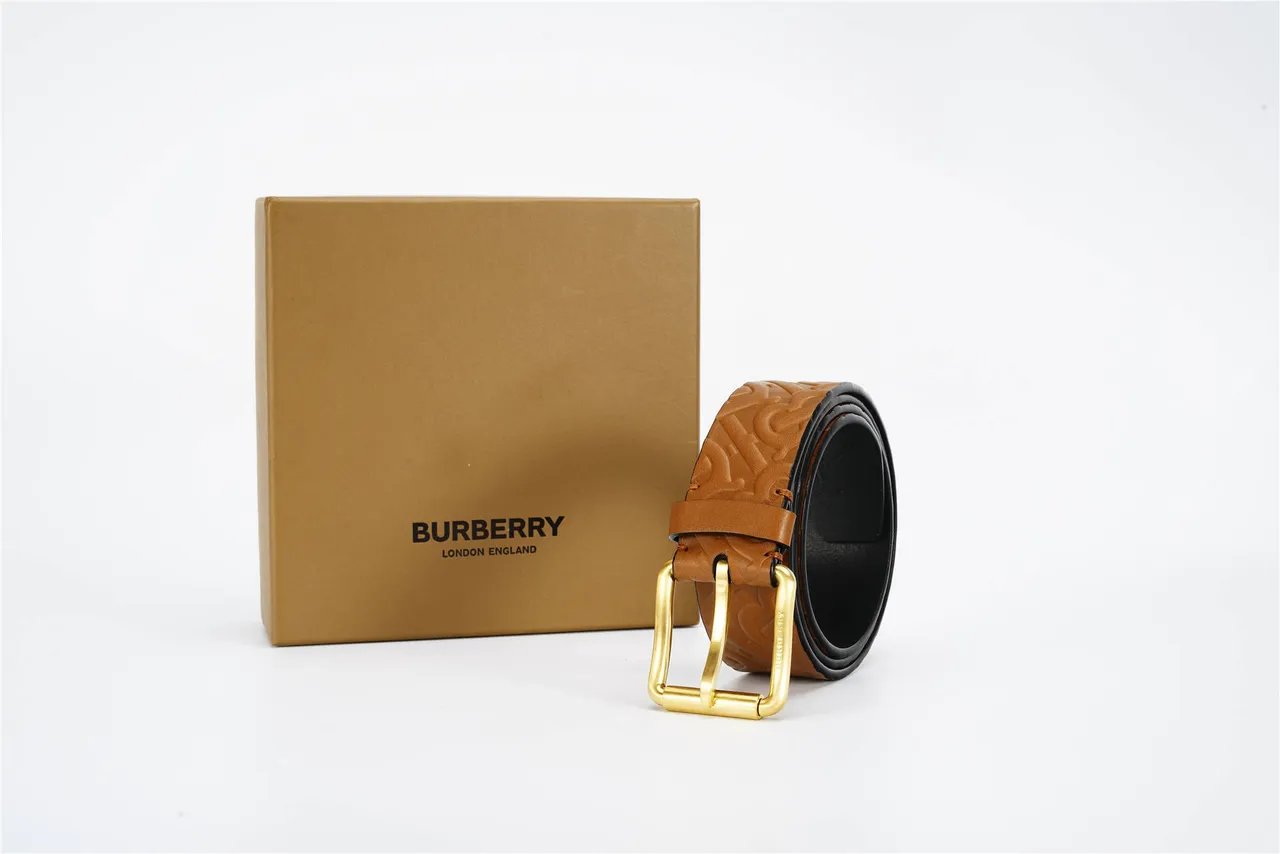 Burberry Monogram Embossed Tan and Black Leather Belt 6