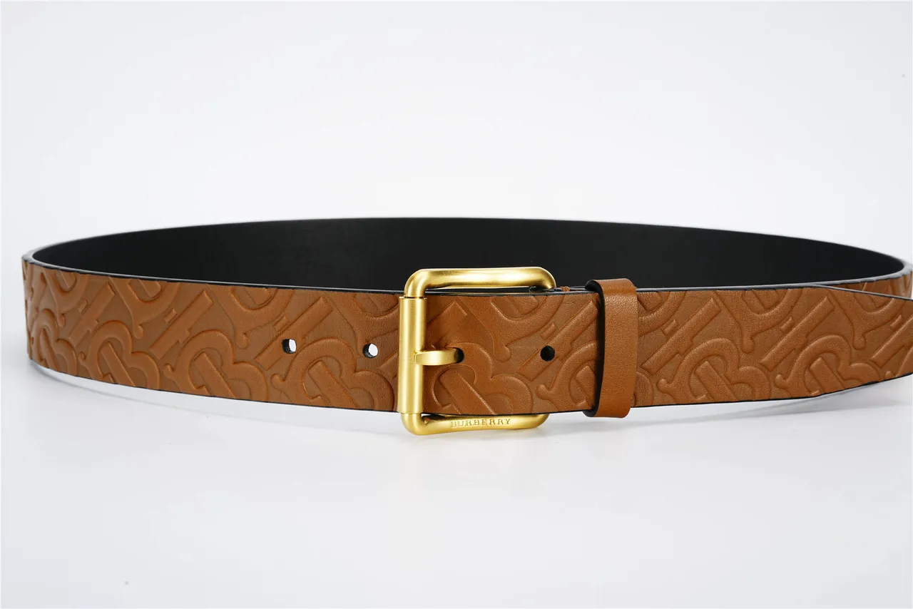 Burberry Monogram Embossed Tan and Black Leather Belt 8