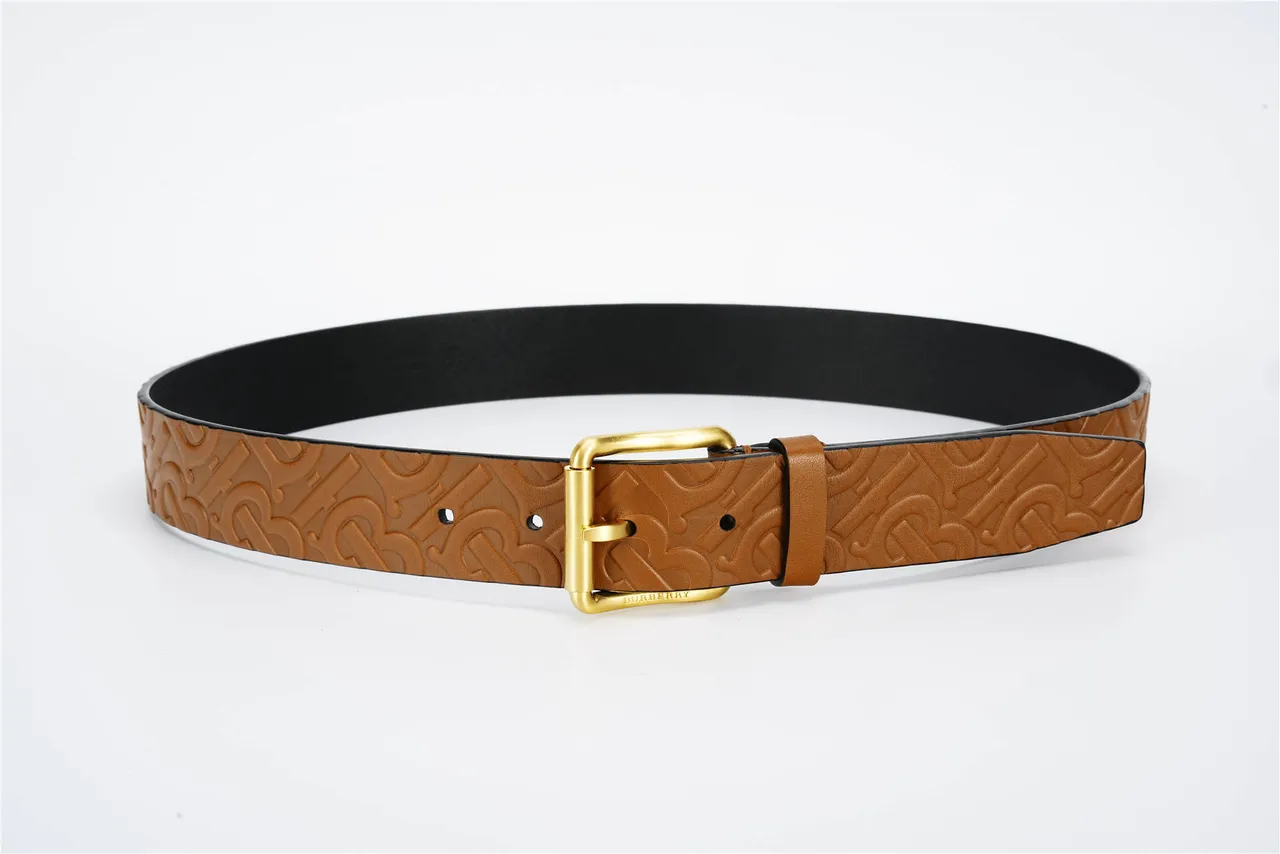 Burberry Monogram Embossed Tan and Black Leather Belt 9