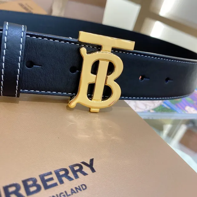 Burberry TB Cinto Preto Dourado Branco Costura Contraste Cinto de Couro 3