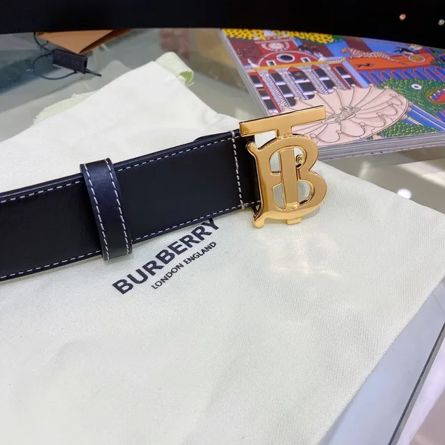 Burberry TB Cinto Preto Dourado Branco Costura Contraste Cinto de Couro 5