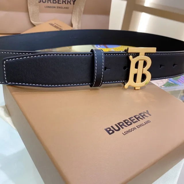 Burberry TB Cinto Preto Dourado Branco Costura Contraste Cinto de Couro 6