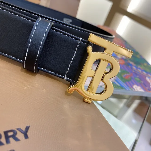 Burberry TB Cinto Preto Dourado Branco Costura Contraste Cinto de Couro 7