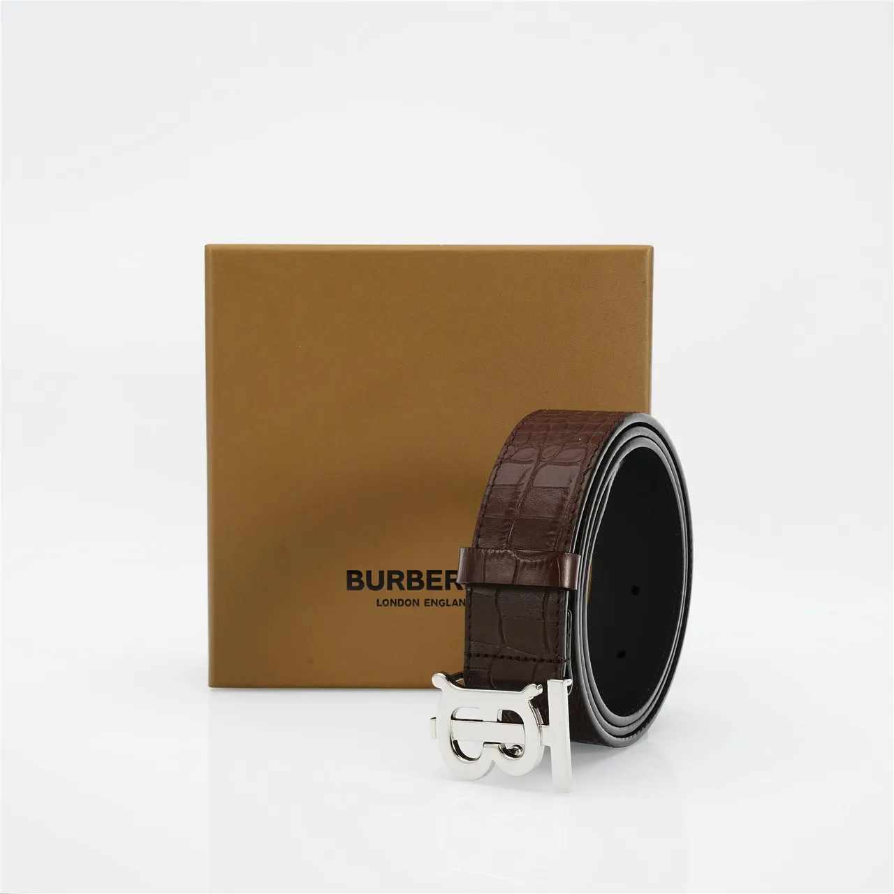 Burberry TB Monogram Crocodile-Embossed Brown Leather Belt 5
