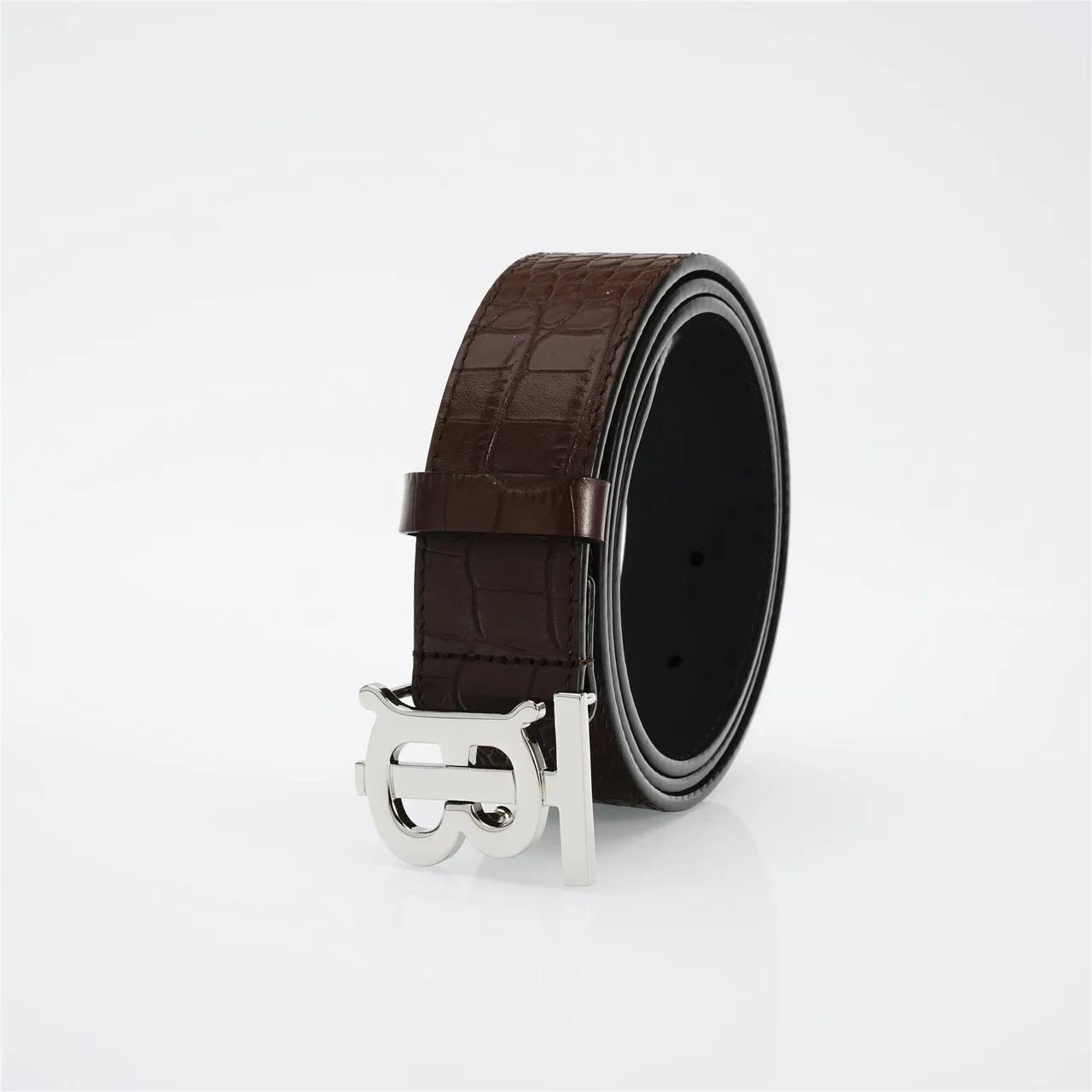 Burberry TB Monogram Crocodile-Embossed Brown Leather Belt 6