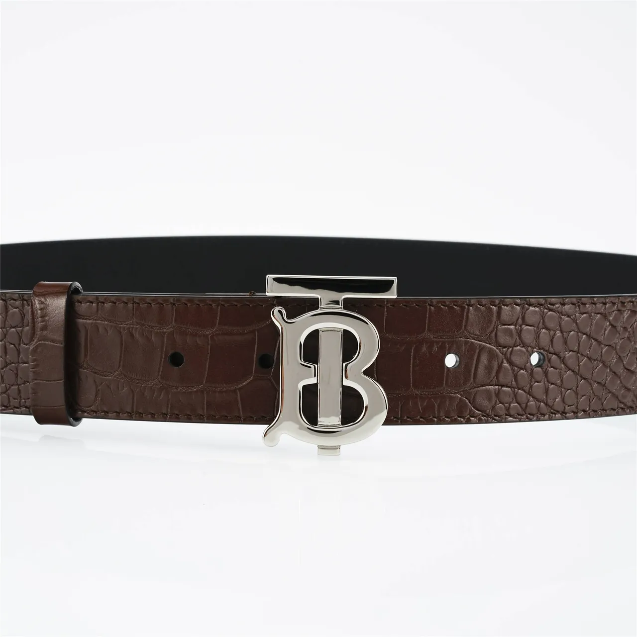 Burberry TB Monogram Crocodile-Embossed Brown Leather Belt 8