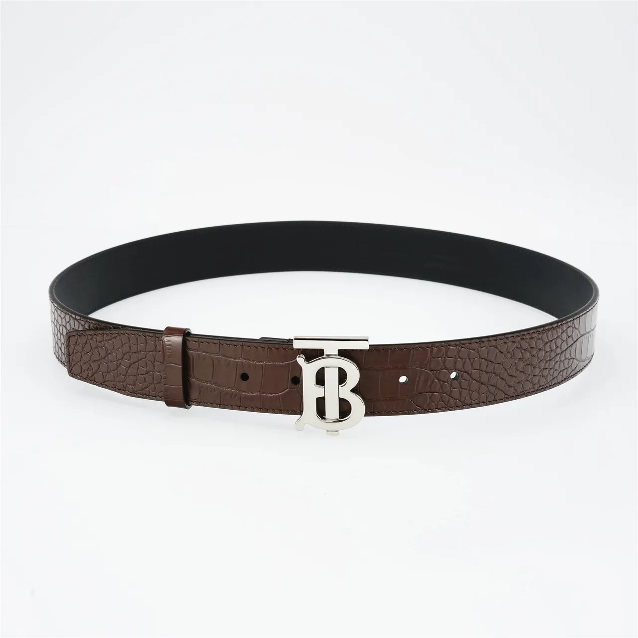 Burberry TB Monogram Crocodile-Embossed Brown Leather Belt 9