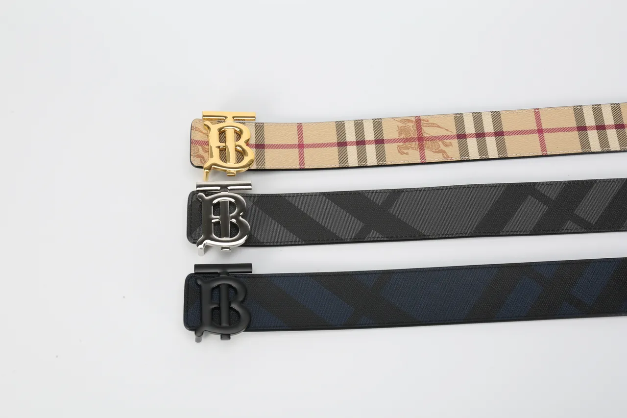 Burberry Thomas Monogram Black Navy Diagonal House Check Pattern Matte Buckle Leather Belt 3
