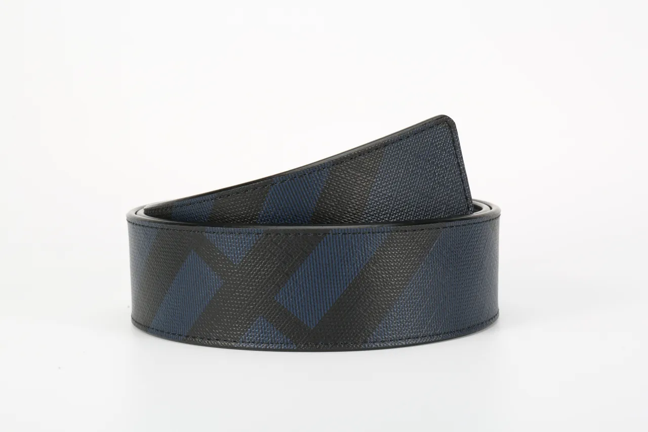 Burberry Thomas Monogram Black Navy Diagonal House Check Pattern Matte Buckle Leather Belt 4